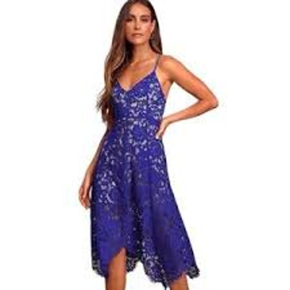 Lulus One Wish Royal Blue Lace Overlay Over Nude Liner Fairy Midi Dress Size S